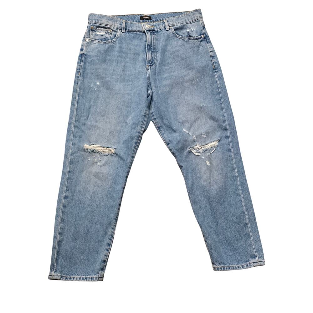 Express Tapered Ankle High Rise Distressed Light Wash Ripped Denim Jeans